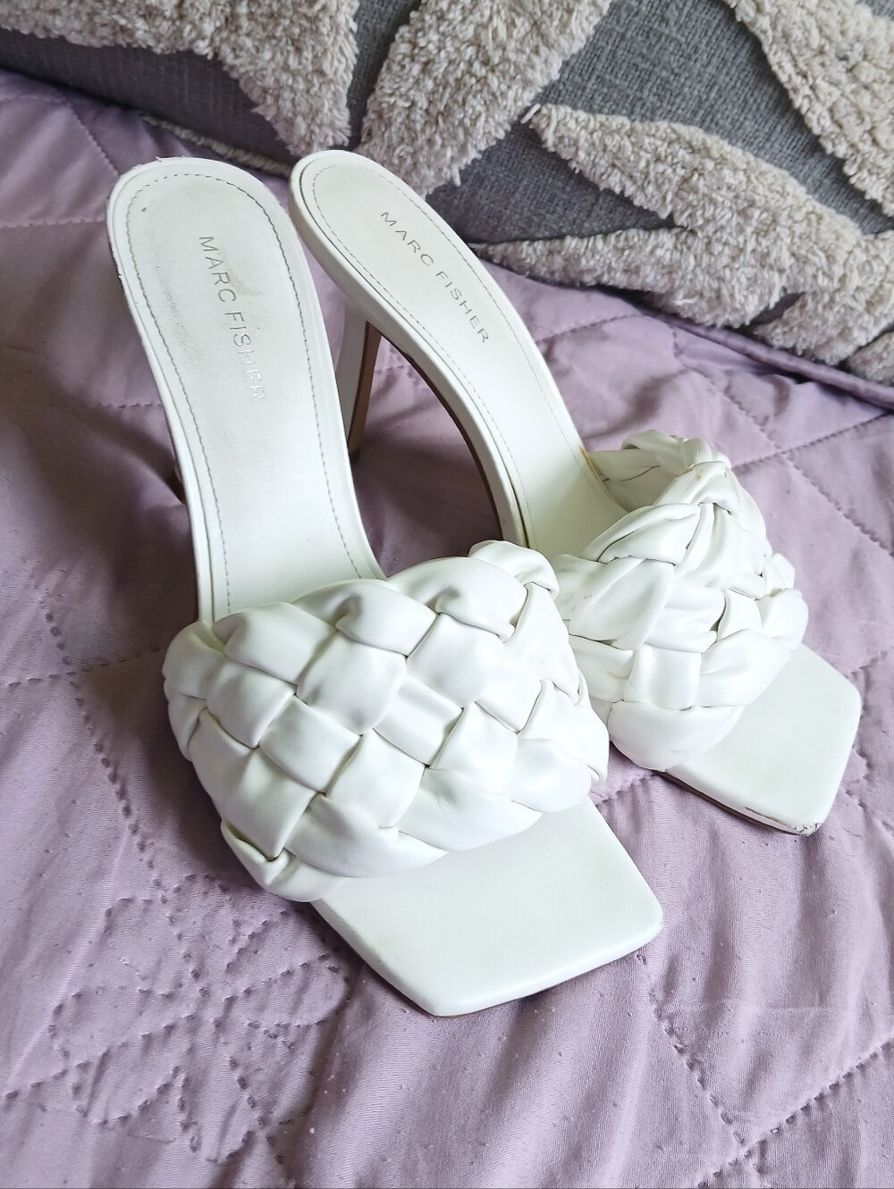 White Y2k Square Marc Fisher Braided Slide Sandals - Women's Fashion Heels